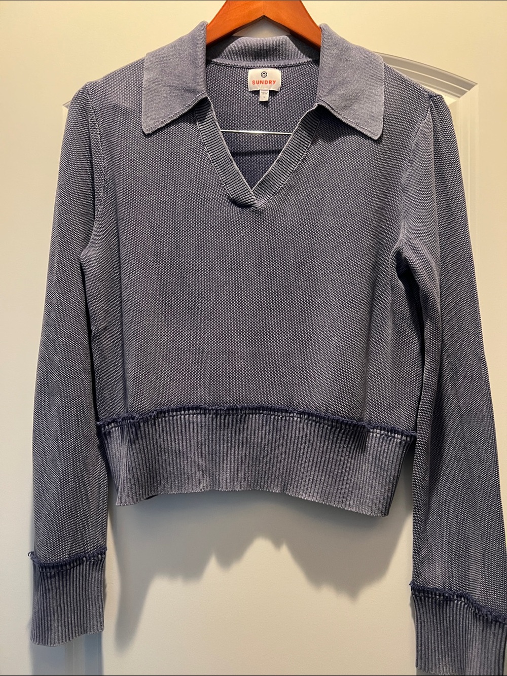 Sundry Collared V-Neck Pullover in Dusty Blue.